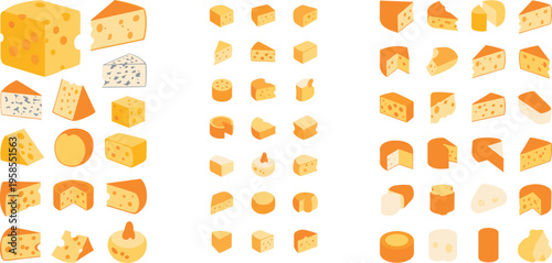Cheese types illustration set featuring cubes, wedges, slices, and assorted dairy varieties in detailed flat vector style