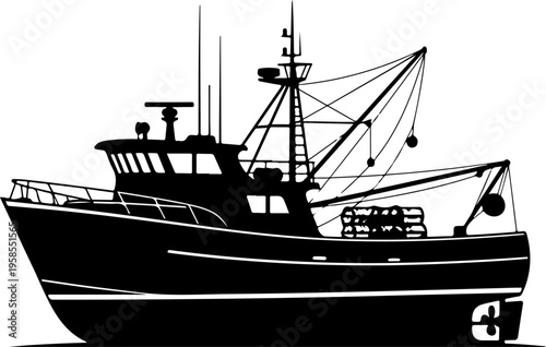 Ocean fishing boat silhouette vector illustration