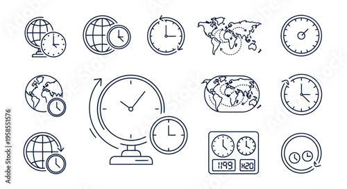 World Time Zones and Clocks Icons Set - Global Time, Travel, Business Concept