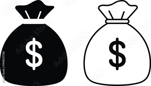 Black and white money bag icons, dollar sign, finance symbol, currency illustration, banking concept