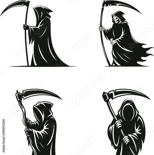 Grim Reaper Silhouette Set - Black and White Angel of Death with Scythe Vector Collection