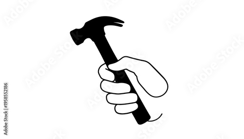 A hand holding a black hammer in a simple illustration style