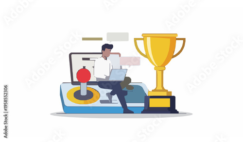 Gamification marketing strategy vector illustration laptop joystick trophy