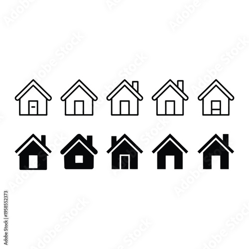 Web home icon set for websites and apps. Simple house symbol. Flat real estate sign. Main page pictogram in filled, thin line, outline and stroke style. Isolated illustration.