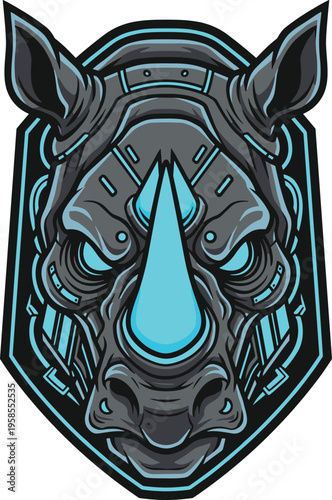 Futuristic Cyber Rhino Mascot Logo - Blue Neon Robotic Rhinoceros Head Vector Illustration