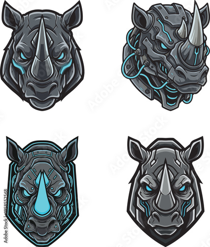Cyberpunk Robotic Rhino Head Mascot Set - Futuristic Cyborg Rhinoceros Vector Bundle with Blue Neon Lights