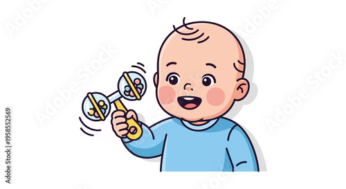 A cheerful baby boy happily plays with a colorful rattle exhibiting a charming cartoon silhouette high quality professional detailed modern elegant
