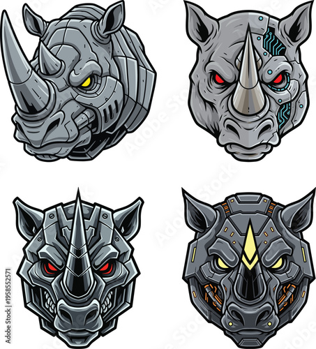 Cybernetic Rhino Head Mascot Set - Robotic Rhinoceros Cyborg Vector Illustrations