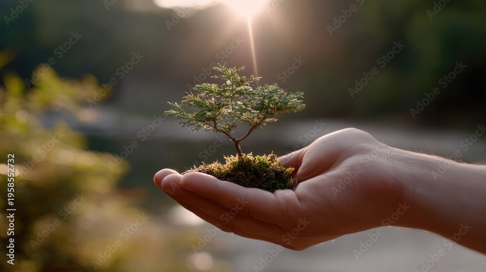Fototapeta premium Nurturing Life's Potential: A tender hand cradles a miniature tree, a symbol of growth and the promise of a brighter, greener future. 