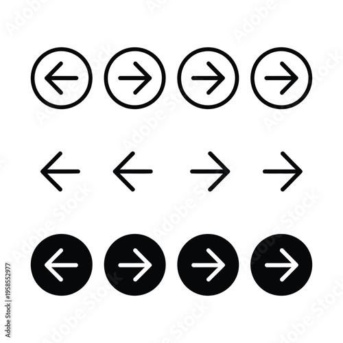 Arrow buttons icon set. Website slider navigation symbols. Next and previous rounded buttons for app. Web interface arrow buttons isolated illustration.