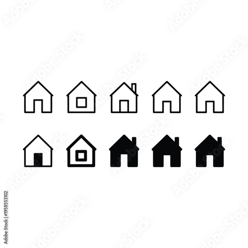 Web home icon set for websites and apps. Simple house symbol. Flat real estate sign. Main page pictogram in filled, thin line, outline and stroke style. Isolated illustration.