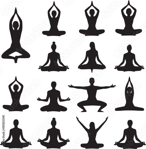 Yoga and Meditation Silhouettes Set, People in Lotus Position and Mindfulness Poses Vector