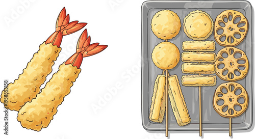 Japanese tempura and fried food illustration set featuring shrimp tempura, skewers, and crispy deep fried snacks in detailed flat vector style