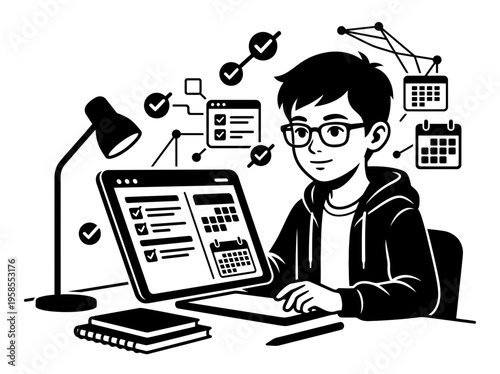 Child learning world geography with tablet and landmarks