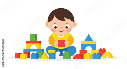 A young boy cheerfully plays with colorful building blocks creating structures on a white background silhouette high quality professional detailed modern