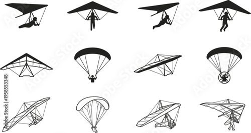 Collection of paragliding and hang gliding vector illustrations featuring multiple aerial sport poses parachute canopies and wing structures isolated on white background for adventure design