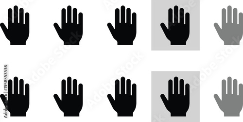 Hand gesture vector icon set featuring open palm variations in solid and outline styles including active and disabled states isolated on white background for UI design