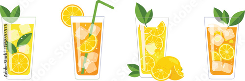 Lemon and orange refreshing drinks illustration set featuring iced citrus beverages, fresh slices, and summer cocktails in bright flat vector style