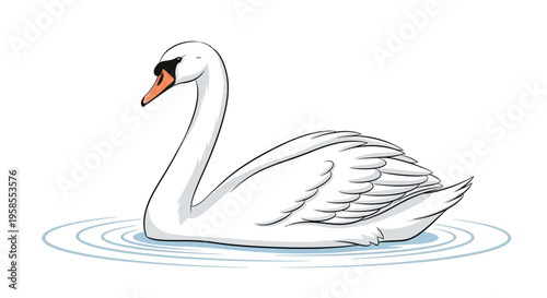 White swan floating on water surface with ripples cartoon style