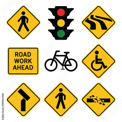 Traffic warning signs illustration set, pedestrian, lights, curve, bicycle, road work, merge, and disabled access transportation symbols.