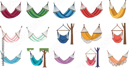 Colorful Hammock Collection Set with Hanging Fabric Swings Between Trees for Relaxation Camping Travel Summer Vacation Outdoor Leisure Illustration