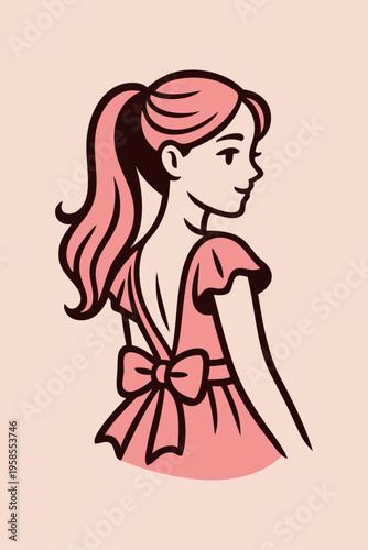 Logotipo de boutique de moda. Dibujo sencillo con líneas de una chica de espaldas con un vestido adornado con un nudo de lazo