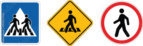 Crosswalk pedestrian signs illustration set, zebra crossing symbols with no walking prohibition icons and road safety traffic signage