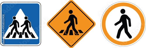 Pedestrian crossing signs illustration set, crosswalk zebra symbols, no walking prohibition icons, and road safety traffic signs for urban areas.
