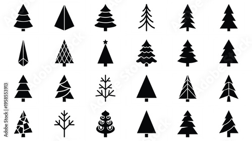 Set of Christmas tree vector icons featuring various styles including geometric abstract minimal and decorative pine trees isolated on white background for holiday design