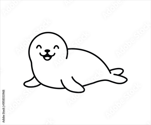 A simple line drawing depicts a happy seal lying on its belly