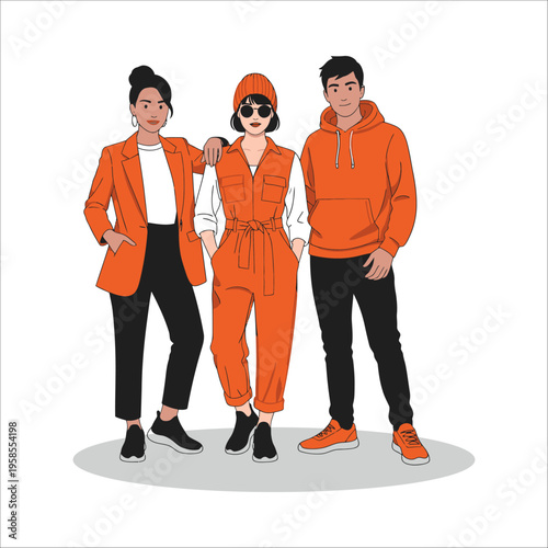 group of friends in orange and black outfits vector illustration