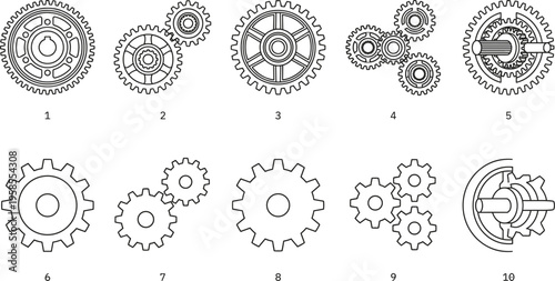 Set of gear vector icons featuring mechanical cogwheels in different sizes styles and arrangements including industrial machine elements isolated on white background for engineering design