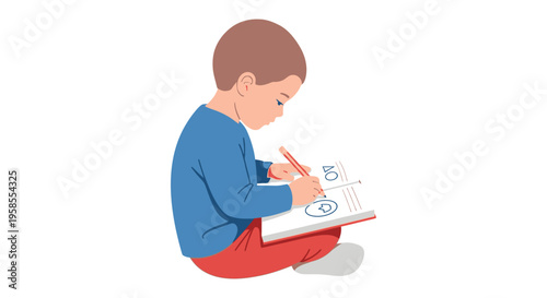 A young boy sits cross legged intently drawing in a book with a pencil a flat silhouette high quality professional detailed modern