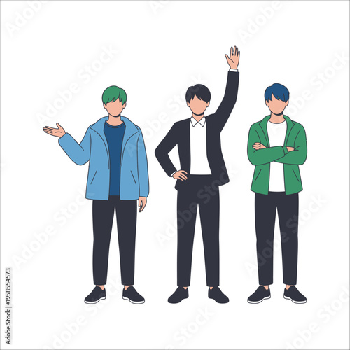Three young men in different poses vector illustration