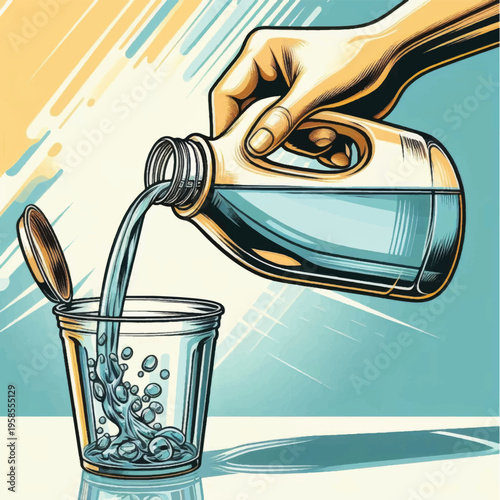 Hand Pouring Water from Bottle into Glass.