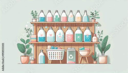 Laundry Detergent Bottles on Shelves with Plants.
