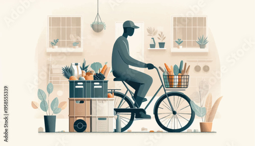 Man Riding Bicycle with Delivery Boxes.