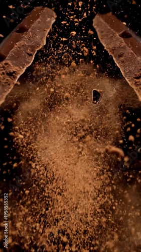 Close-up of chocolate bar breaking apart into pieces and powder.