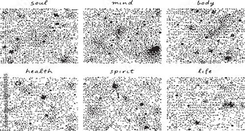 Harmony of Existence: A series of minimalist sketches delicately portrays the essence of life's fundamental aspects, offering a visual meditation on the unity of soul, mind, body, health, spirit.