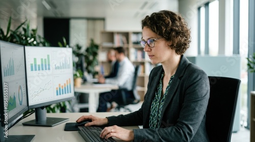Medium shot of a growth trend dashboard analyst in foreground examining charts and tweaking investment settings rest of room subtly out of focus.