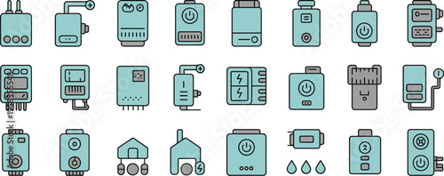 Boiler icon set, outline vector, thin line style, color flat design, heating system symbols
