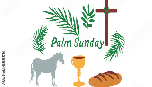 Palm Sunday illustration with cross, palm leaves, donkey, and bread