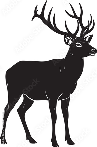 Black silhouette of a deer with large antlers standing alone  wild animal