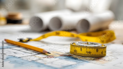 Bright neutral backdrop with yellow tape measure, compass, and pencil diagonally arranged over site and floor plan overlay blueprints