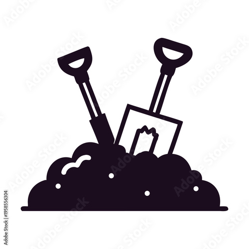 Two garden shovels are stuck upright in a mound of freshly dug earth, depicted as a simple, bold black and white icon, symbolizing digging, gardening, or construction work