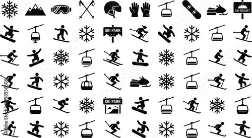 Winter sports vector icon set featuring skiing snowboarding cable cars snowflakes equipment and mountain resort symbols isolated on white background for seasonal design