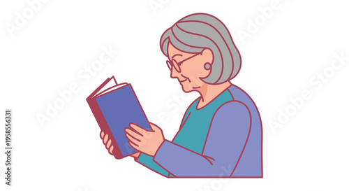 An elderly woman with short gray hair is absorbed in reading a book depicted in a clean silhouette high quality professional