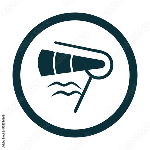 A dark blue windsock icon showing wind direction and strength with wavy lines representing water or air movement, enclosed in a circle, isolated on