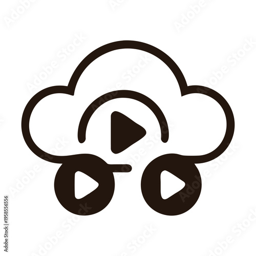 A graphic icon depicting cloud technology and media streaming, with a cloud shape and integrated play buttons, representing online content, digital services, and data accessibility, isolated on