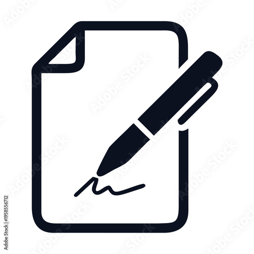 A sleek dark blue icon showcasing a pen signing a document, symbolizing agreement, contract finalization, official approval, and legal authorization, isolated on